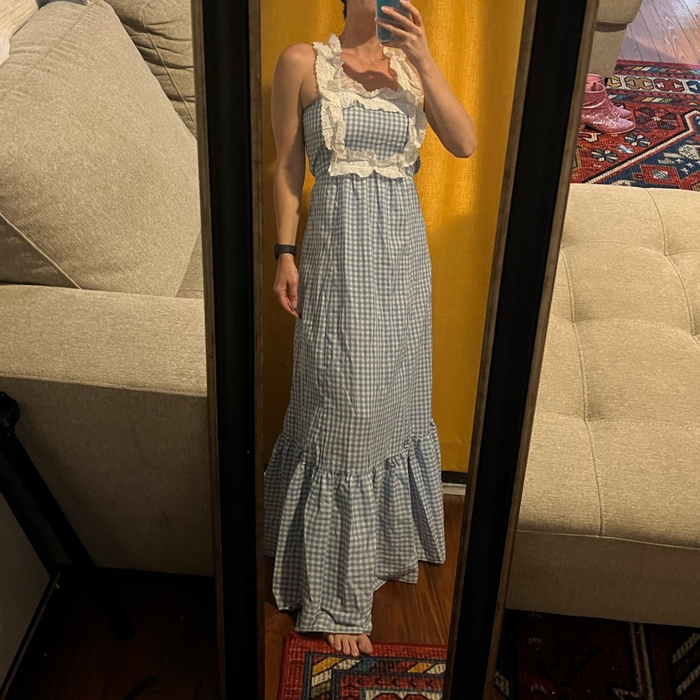 Belle / cottage core light blue plaid dress floor length